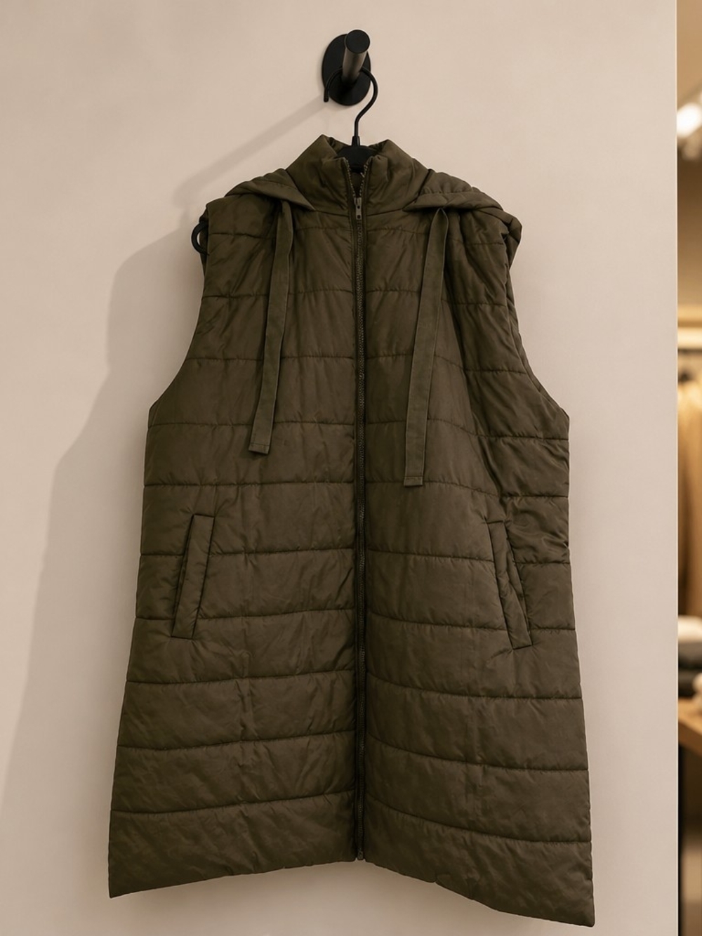 Hooded Quilted Long Vest in Olive for Women